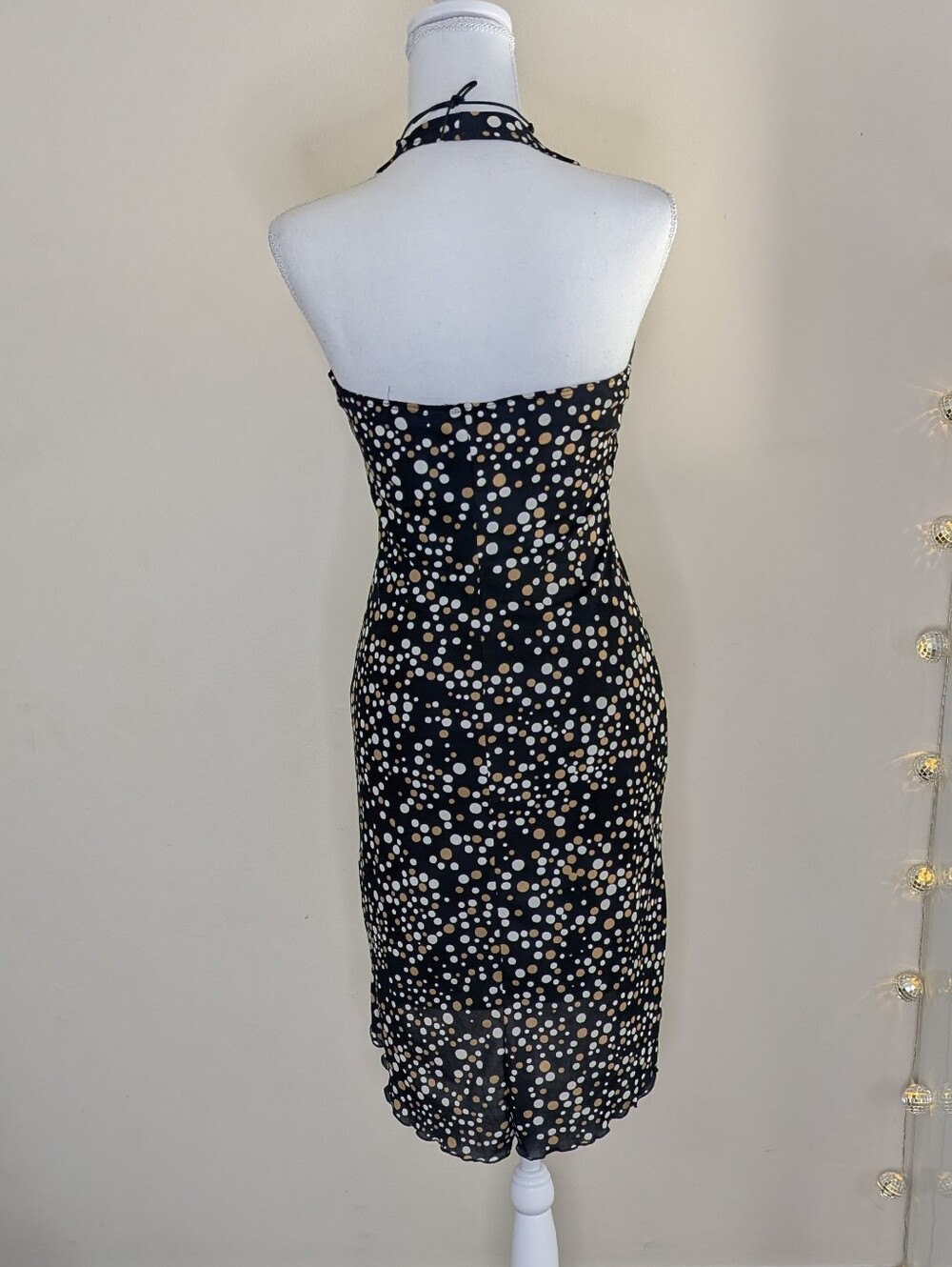 Vtg Y2K Black Halter Polka Dot Midi Dress in Cream and White - Picture 4 of 7
